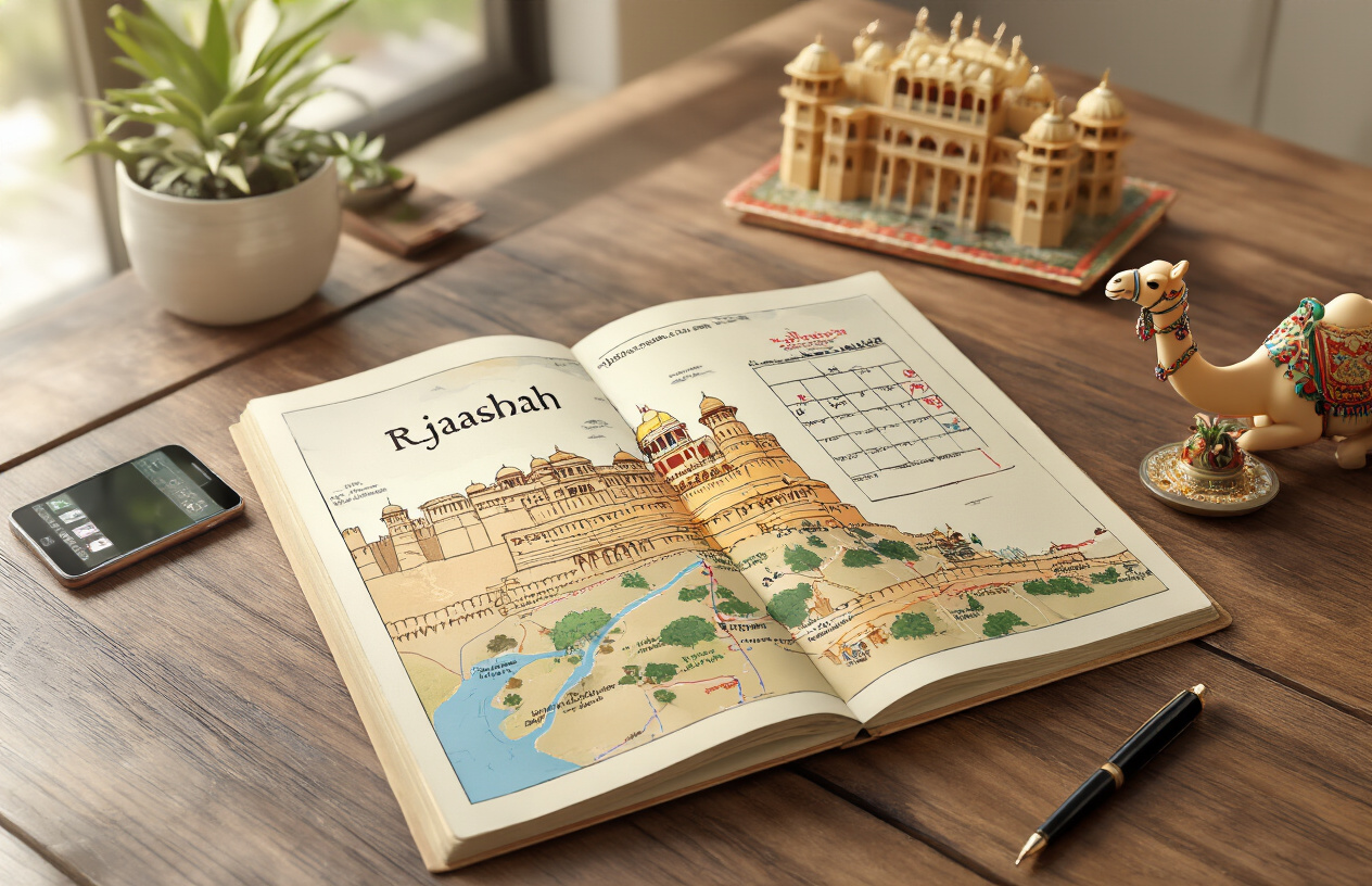 image of a travel itinerary planner spread open on a wooden table, featuring a detailed map of Rajasthan with marked routes connecting iconic landmarks like forts and palaces, alongside a smartphone displaying a calendar, a pen, and a small decorative camel figurine as a complementary element, set in a warm and well-lit indoor environment with soft natural light, conveying an organized yet exciting travel planning mood. Absolutely NO text should be in the scene.
