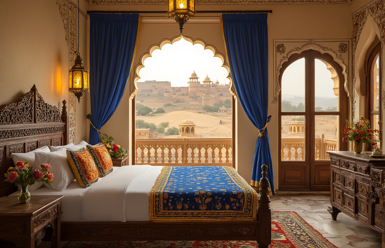 image of a beautifully decorated traditional Rajasthani haveli hotel room with ornate carved wooden furniture, vibrant colored textiles in royal blue and gold, an arched window overlooking a sandy courtyard with a glimpse of a Rajasthani fort in the background, warm golden lantern lighting casting a cozy glow across the room, a neatly made bed with embroidered pillows and a welcome flower arrangement, conveying a sense of comfort and luxury, inviting mood suggesting a well-planned and rewarding travel stay. Absolutely NO text should be in the scene.