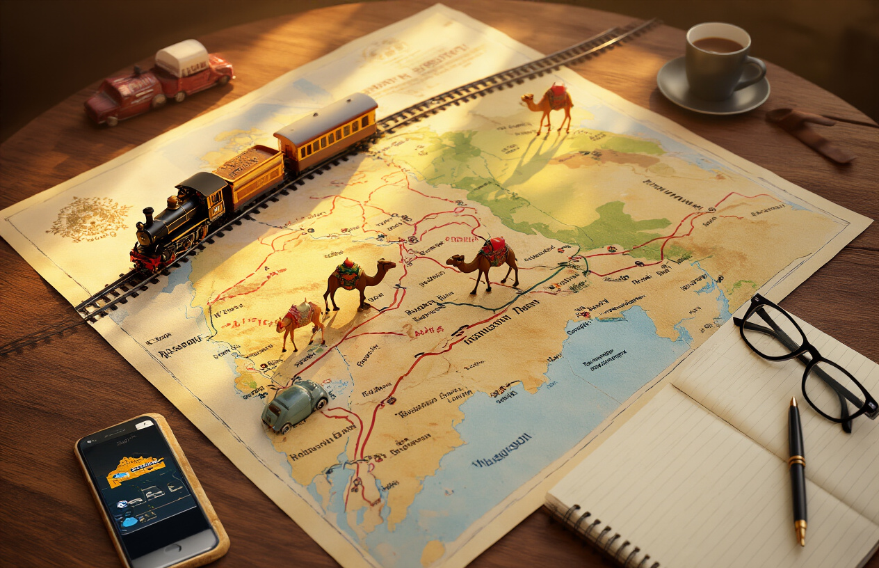 image of a well-organized travel planning scene featuring a map of Rajasthan spread open on a wooden table, with a toy train, a miniature camel, and a small model car placed on different routes across the map, symbolizing various transportation options, alongside a smartphone displaying a route planning app, a notebook with a pen, and a pair of glasses resting nearby, set in warm golden lighting that creates a cozy and adventurous travel planning mood. Absolutely NO text should be in the scene.