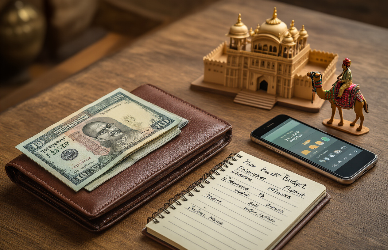 image of a well-organized travel budget plan laid out on a wooden table, featuring a travel wallet with Indian rupee notes, a small notebook with handwritten expense categories, and a smartphone displaying a budgeting app, alongside a miniature figurine of a Rajasthan palace or camel to hint at the destination, with a warm and inviting lighting that suggests smart and comfortable travel planning without sacrifice, the overall mood being confident and resourceful. Absolutely NO text should be in the scene.