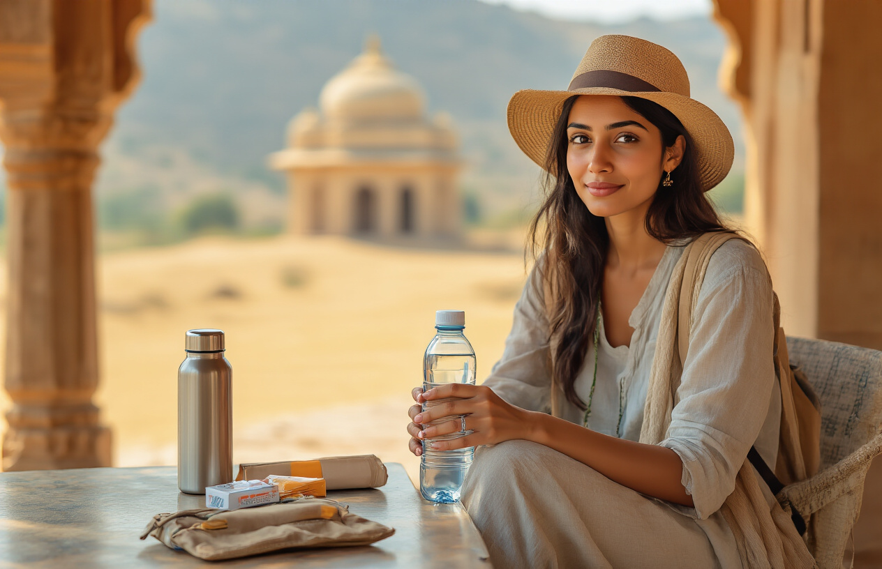 image of a well-prepared South Asian female traveler sitting comfortably in a shaded rest area in Rajasthan, India, with a reusable water bottle in hand, a small travel first aid kit and sunscreen on the table beside her, wearing light breathable clothing and a sun hat, with a blurred background of a traditional Rajasthani architectural structure and golden sandy landscape, warm yet comfortable lighting suggesting midday rest, conveying a sense of safety, health, and mindful travel preparation. Absolutely NO text should be in the scene.