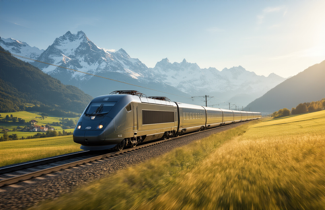 image of a sleek, modern high-speed TGV train gliding smoothly through a scenic landscape with the Swiss Alps visible in the background transitioning into a soft, golden-hued European countryside, evoking a seamless journey between Switzerland and Paris, the train captured in motion against a bright, clear sky with natural sunlight illuminating the rolling hills and distant snow-capped peaks, conveying a sense of effortless, comfortable travel between two iconic destinations. Absolutely NO text should be in the scene.