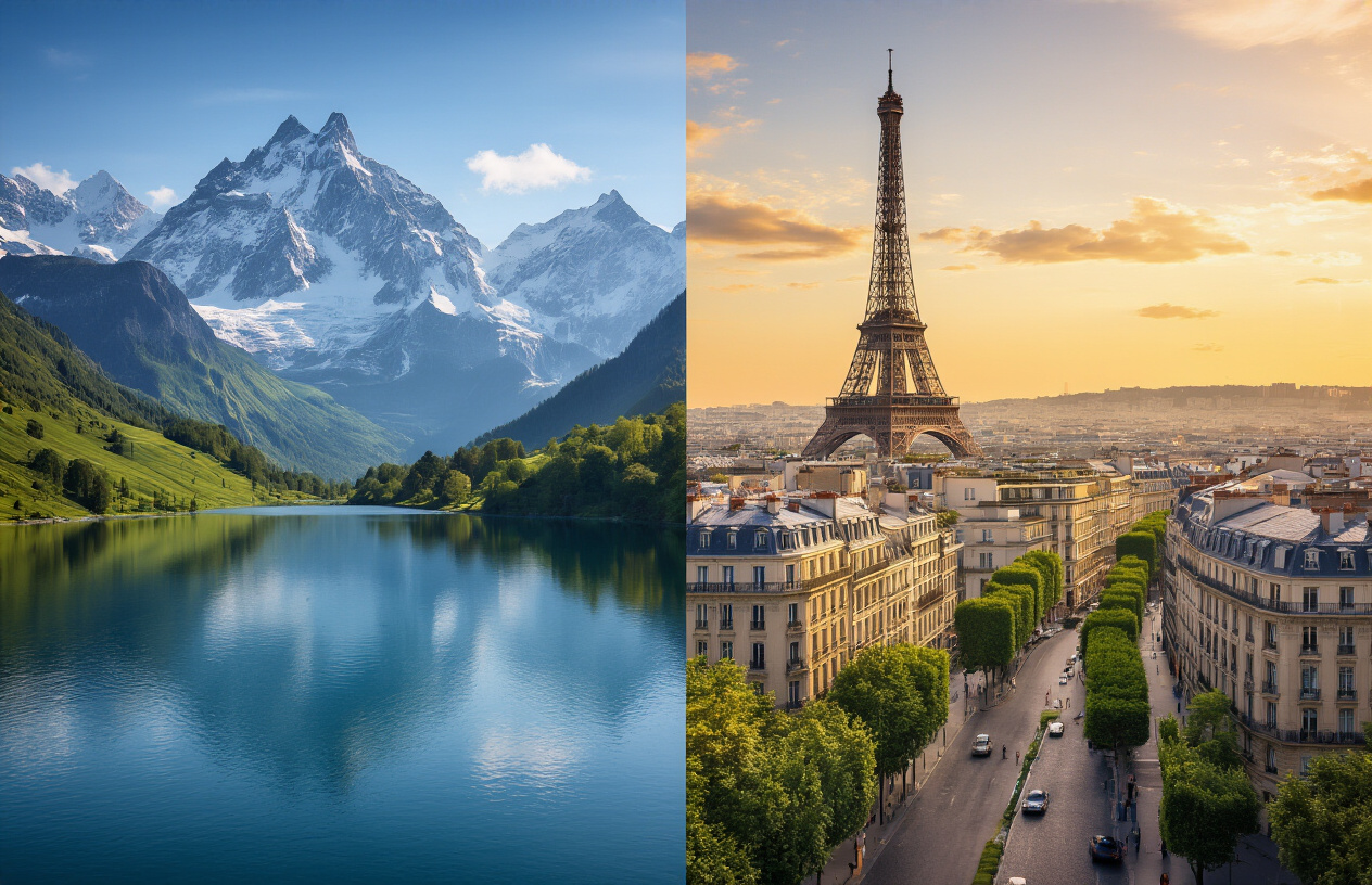 image of a seamlessly split-scene composition showing two contrasting yet complementary landscapes side by side, on the left featuring the majestic Swiss Alps with snow-capped mountain peaks, lush green valleys, and a serene alpine lake reflecting the mountains under crisp natural daylight, and on the right featuring the elegant Parisian cityscape with the Eiffel Tower, charming Haussmann-style buildings, and tree-lined boulevards bathed in warm golden hour light, with the two scenes naturally blending at the center to emphasize their contrasting yet harmonious beauty, the overall mood being breathtaking and inspiring. Absolutely NO text should be in the scene.