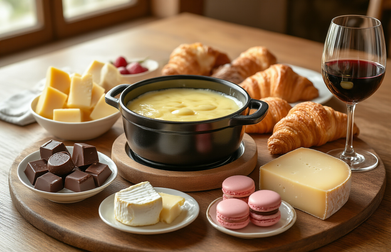 image of an elegant wooden table spread featuring a stunning combination of Swiss and French culinary delights, including a fondue pot with melted cheese, a selection of Swiss chocolates, freshly baked croissants, a small dish of French macarons, a wedge of aged cheese, and a glass of red wine, arranged beautifully together, with a soft warm background evoking a cozy European bistro atmosphere, natural light streaming in from the side to highlight the textures and colors of the food, creating a rich, inviting, and indulgent mood. Absolutely NO text should be in the scene.