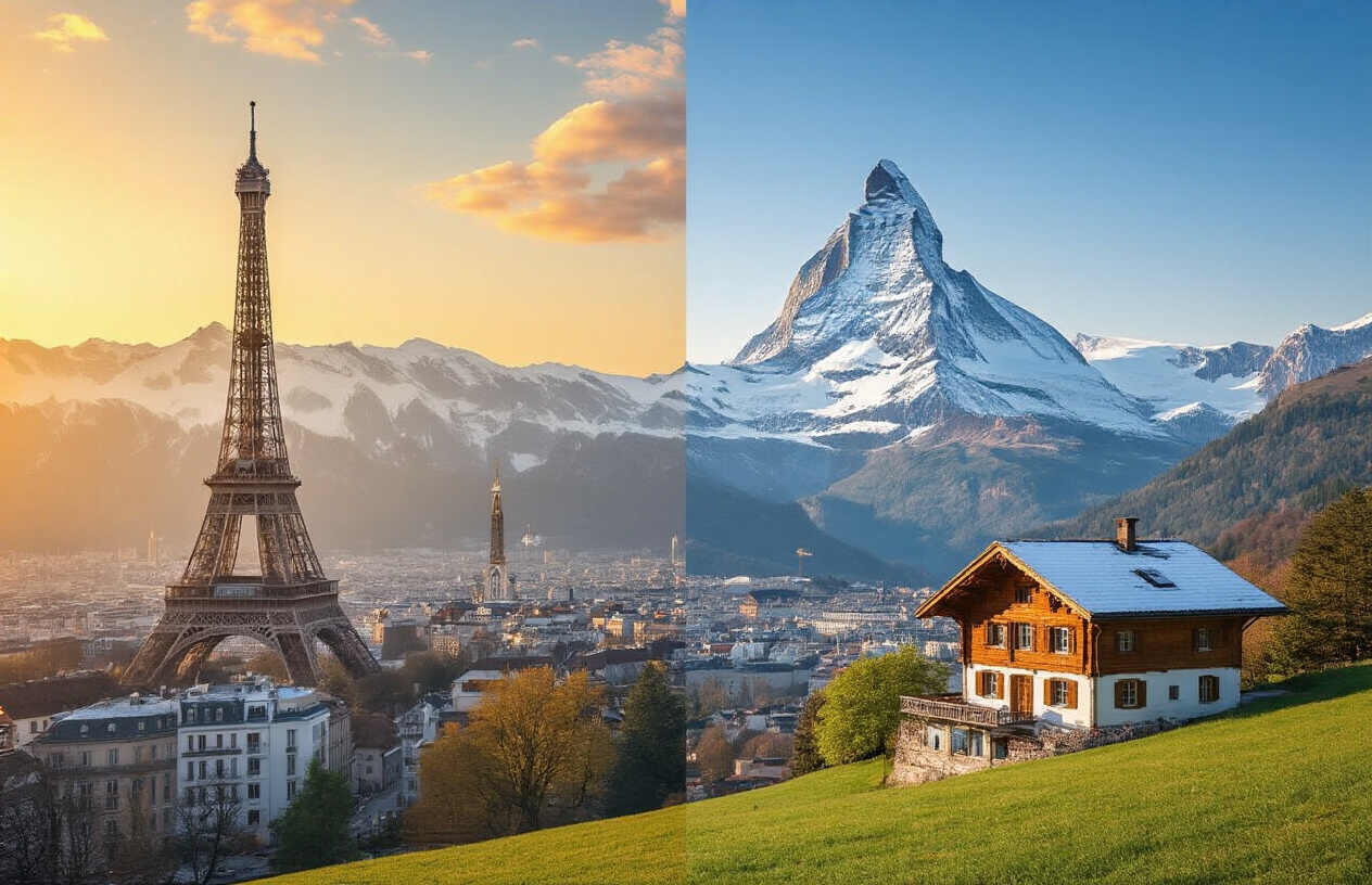 image of a split-scene composition showcasing cultural landmarks from Switzerland and Paris side by side, featuring the iconic Eiffel Tower on one side with warm golden hour lighting and the snow-capped Swiss Alps with a charming wooden chalet on the other, connected by a seamless transition in the middle, with vibrant colors highlighting the contrast between French elegance and Swiss alpine beauty, evoking a sense of cultural richness and travel excitement, with a clear blue sky overhead and lush greenery in the foreground. Absolutely NO text should be in the scene.