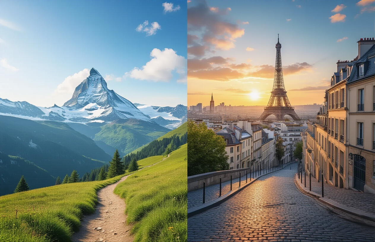 image of a split-scene composition blending two contrasting yet complementary travel experiences: on one side, a dramatic Swiss alpine landscape with snow-capped mountains, lush green valleys, and a winding hiking trail under bright natural daylight, and on the other side, the iconic Parisian urban skyline featuring the Eiffel Tower, charming cobblestone streets, and warm golden-hour lighting, both scenes seamlessly merging in the middle to evoke a sense of adventure and exploration across nature and city life, vibrant and inviting mood, Absolutely NO text should be in the scene.
