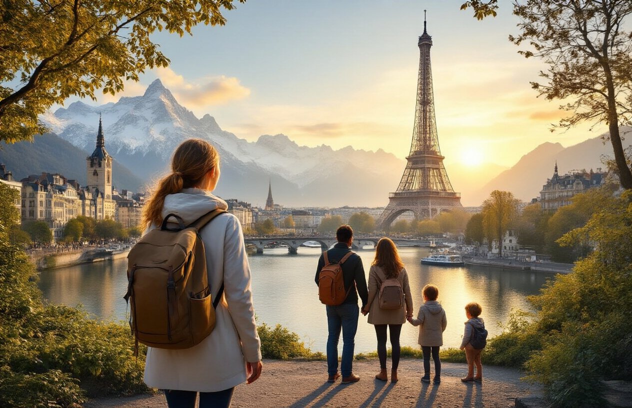 image of a diverse group of travelers enjoying a scenic European setting that blends Swiss and Parisian landmarks, featuring a white female solo traveler with a backpack, a black couple holding hands, and a family with young children, all gathered near a picturesque viewpoint with the Eiffel Tower visible in the soft background and snow-capped Swiss Alps subtly blending into the scene, warm golden hour lighting creating a welcoming and inclusive atmosphere, with lush greenery and a calm lake reflecting the stunning landscape, conveying that this destination suits every type of traveler. Absolutely NO text should be in the scene.