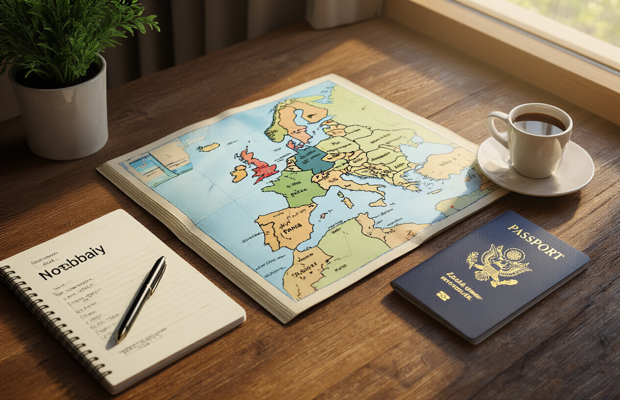 image of a neatly organized travel planning setup on a wooden desk, featuring an open map of Europe with Switzerland and Paris marked, a travel itinerary notebook, a pen, a smartphone displaying a route, and a cup of coffee beside a passport, bathed in warm natural window light, conveying a sense of excitement and thoughtful preparation for an upcoming European trip. Absolutely NO text should be in the scene.