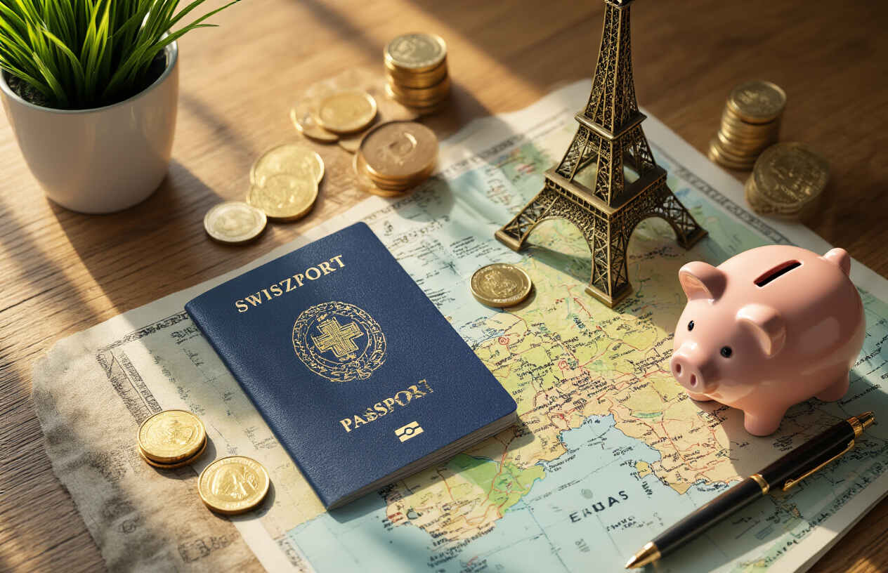 image of a flat lay or neatly arranged travel planning scene featuring a Swiss passport or travel documents alongside a French passport or Eiffel Tower miniature, with euro coins and banknotes spread around, a small piggy bank, a map showing both Switzerland and France, and a notebook with a pen, all placed on a wooden desk surface, bathed in warm natural light suggesting smart budgeting and travel planning, with a cozy and organized mood that conveys value and affordability. Absolutely NO text should be in the scene.