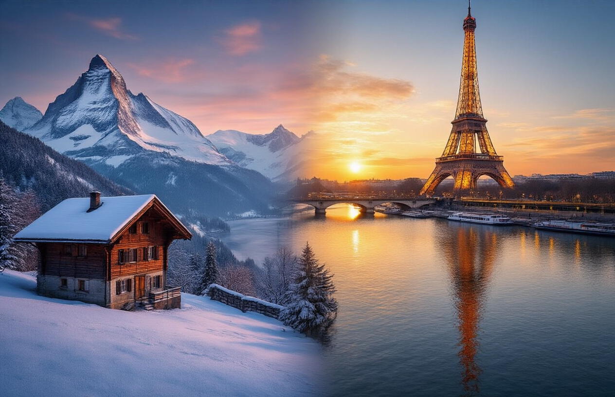 image of a split-scene composition blending iconic landmarks from Switzerland and Paris, featuring the snow-capped Swiss Alps with a charming wooden chalet in the foreground on one side, seamlessly transitioning to the glowing Eiffel Tower reflected on the Seine River at golden hour on the other side, with warm, magical lighting evoking a sense of wonder and nostalgia, the overall mood dreamy and cinematic, symbolizing the perfect union of two unforgettable travel destinations. Absolutely NO text should be in the scene.