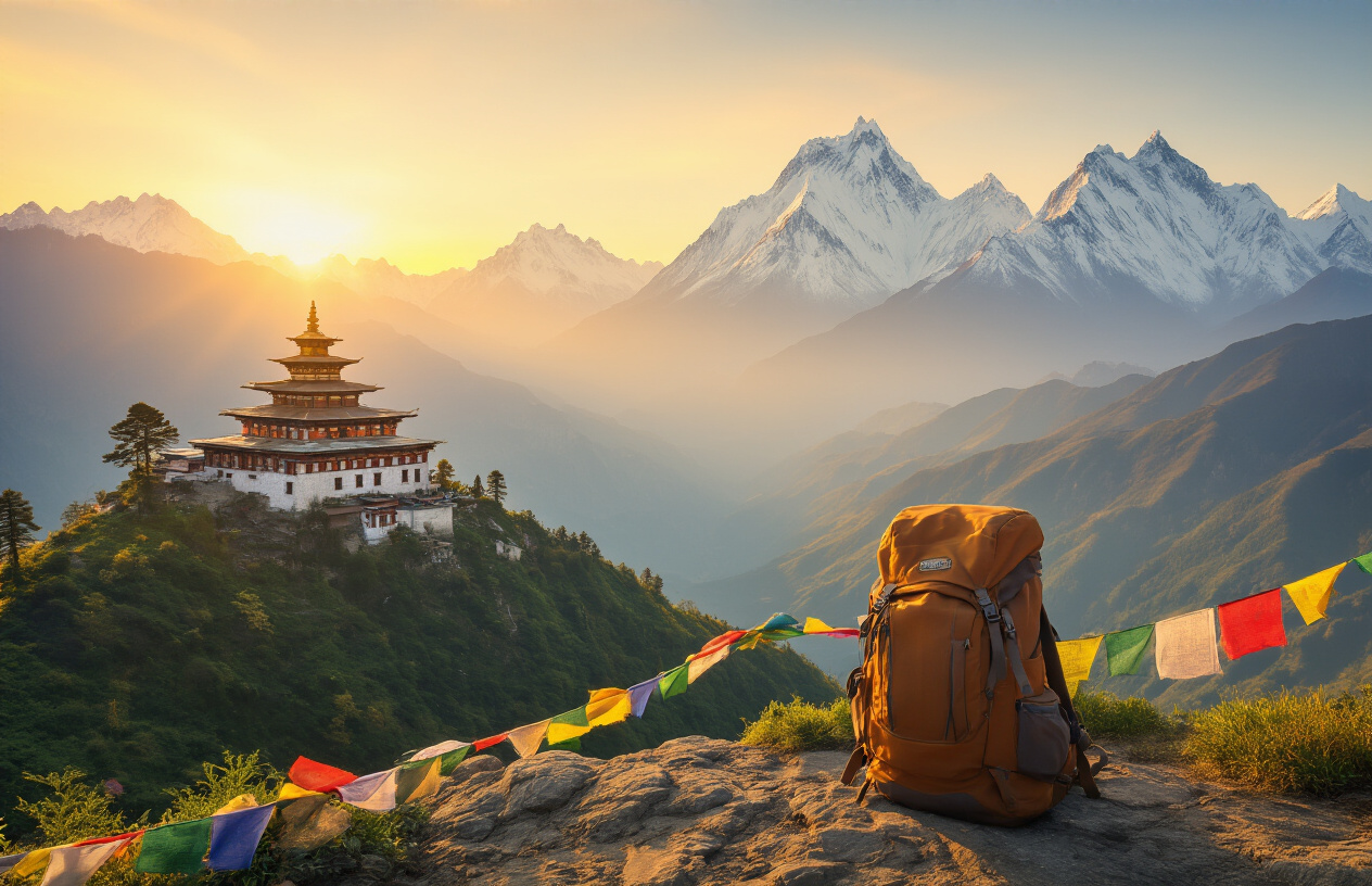 image of a breathtaking panoramic view of Sikkim's landscape featuring snow-capped Himalayan mountains in the background, lush green valleys, a Buddhist monastery perched on a hillside, and vibrant prayer flags fluttering in the foreground, bathed in warm golden hour light that evokes a sense of wonder, adventure, and fulfillment, with a well-worn travel backpack resting on a rocky viewpoint ledge symbolizing the end of a rewarding journey, the overall mood being serene, inspiring, and conclusive. Absolutely NO text should be in the scene.