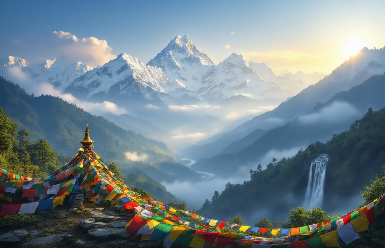 image of a breathtaking panoramic view of Sikkim's landscape featuring snow-capped Himalayan peaks, lush green valleys, cascading waterfalls, and colorful Buddhist prayer flags fluttering in the foreground, with golden sunlight illuminating the misty mountains in the background, evoking a sense of wonder, serenity, and adventure that captures the essence of Sikkim as a must-visit travel destination. Absolutely NO text should be in the scene.