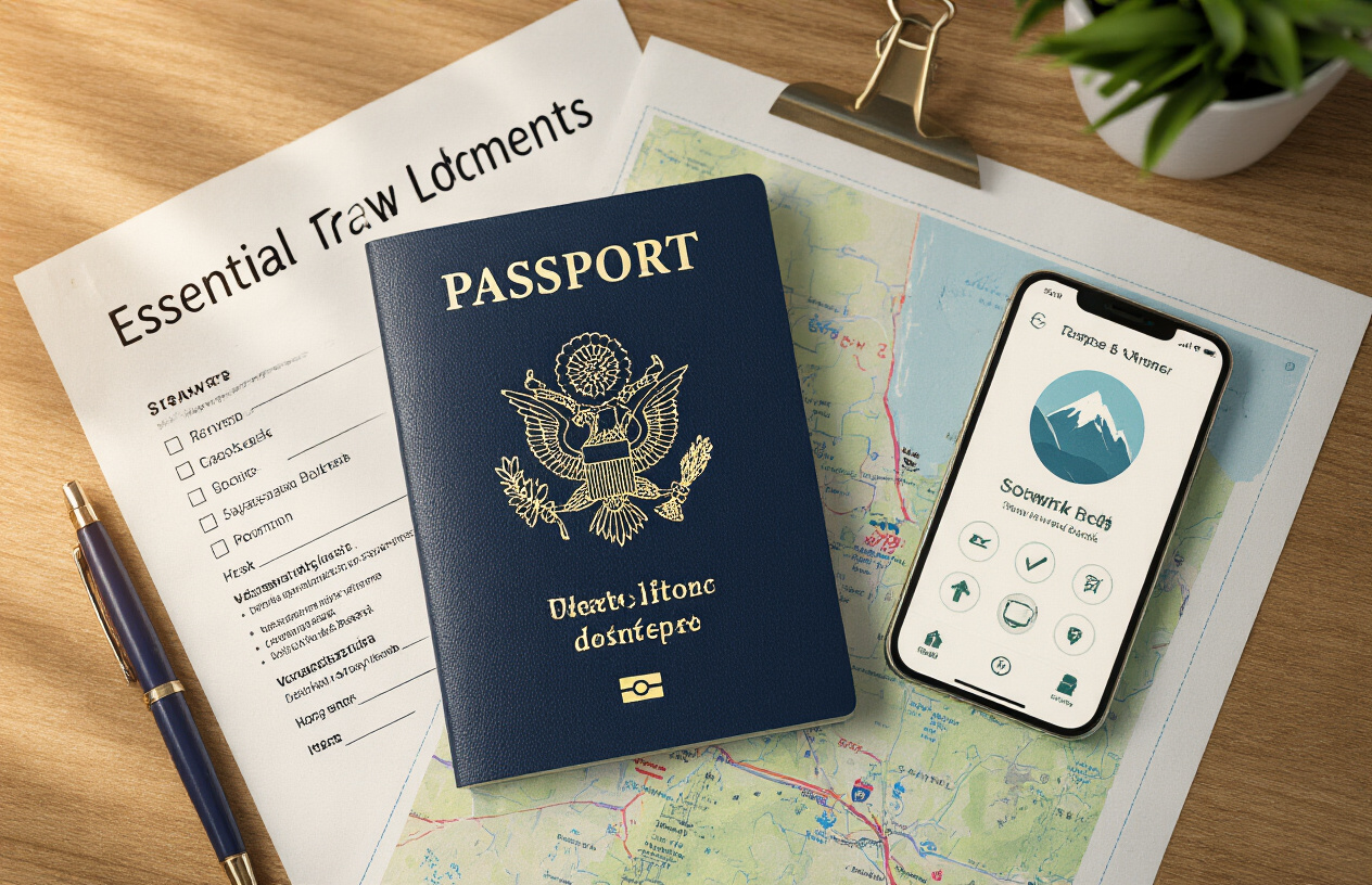image of a neatly organized flat lay on a wooden desk featuring essential travel documents including a passport, permits, and a printed checklist, alongside a map of Sikkim, a pen, and a smartphone displaying a travel app, with soft natural lighting creating a warm and preparatory mood, suggesting careful trip planning before an adventure. Absolutely NO text should be in the scene.