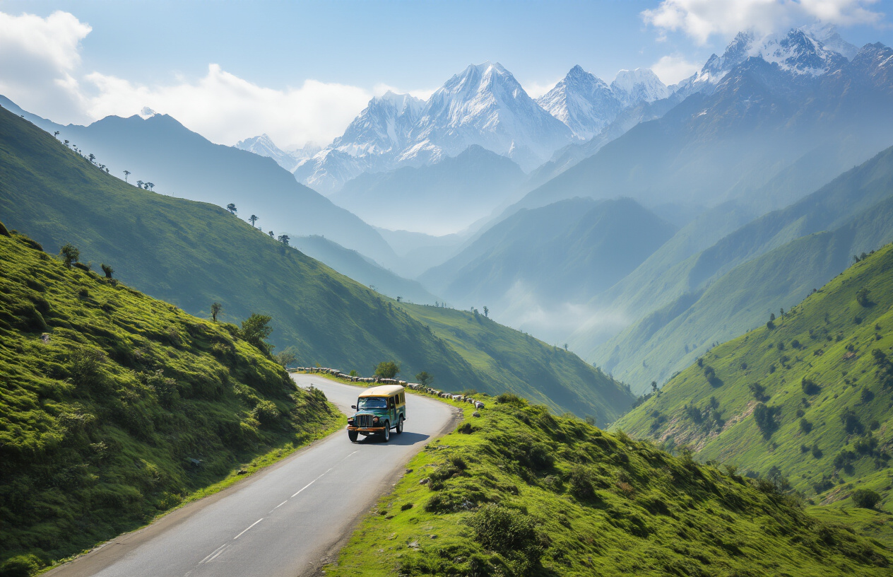 image of a scenic mountain road in Sikkim, India, with a jeep or shared taxi navigating through lush green hills and misty valleys, showing a well-maintained highway winding through dramatic Himalayan landscapes, with snow-capped peaks visible in the background, warm natural daylight illuminating the vibrant scenery, conveying a sense of adventure and smooth travel, with the overall mood being inviting and exciting for first-time travelers. Absolutely NO text should be in the scene.