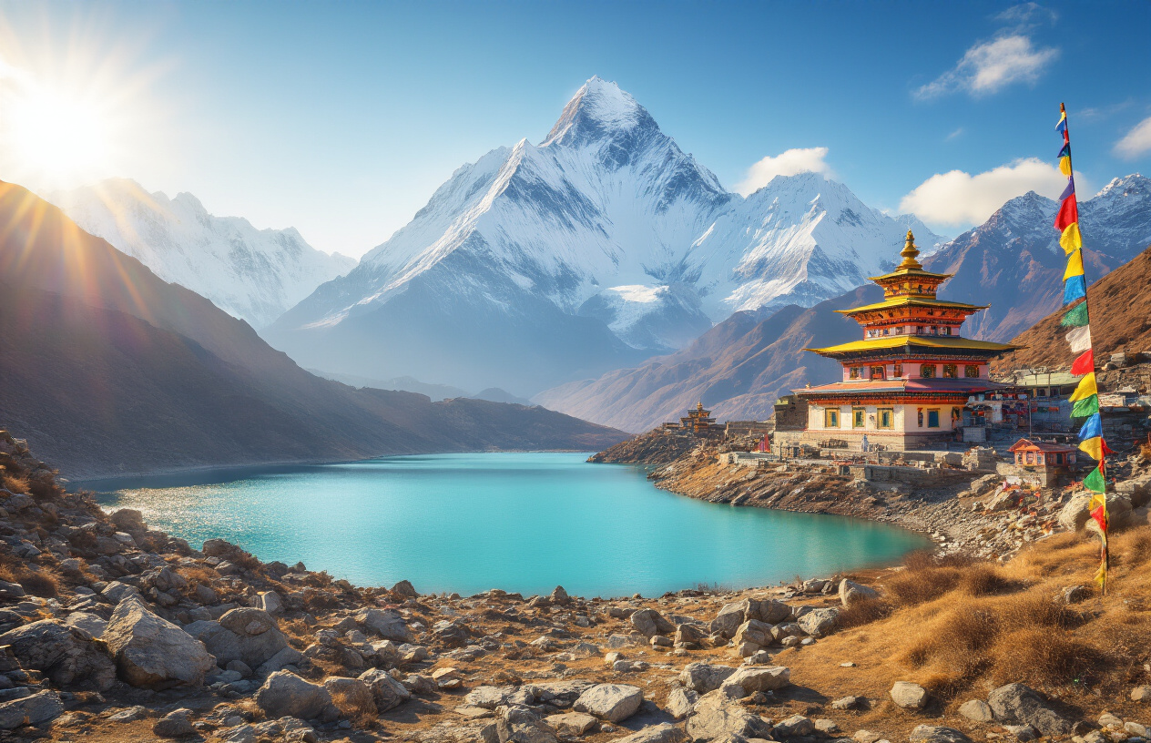 image of a stunning collage-style landscape showcasing the top destinations of Sikkim, featuring the snow-capped Kangchenjunga mountain peak glowing under golden sunlight in the background, a serene turquoise Tsomgo Lake in the midground surrounded by rocky terrain and sparse alpine vegetation, and a glimpse of a colorful Buddhist monastery with prayer flags fluttering in the breeze on the side, all bathed in bright, clear daylight with a dramatic blue sky, evoking a sense of wonder and adventure for first-time travelers. Absolutely NO text should be in the scene.