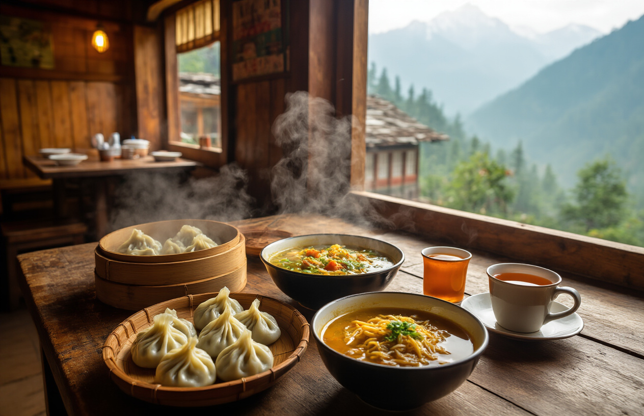 image of a rustic wooden table spread with traditional Sikkimese dishes including steaming momos, a bowl of thukpa noodle soup, and a cup of butter tea, set against the backdrop of a cozy local Himalayan eatery with warm golden lighting, wooden interiors, and glimpses of misty green mountains through a small window, evoking an authentic and inviting cultural dining experience. Absolutely NO text should be in the scene.