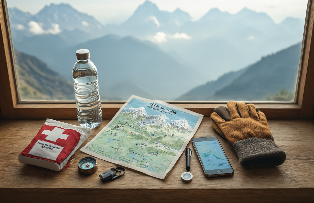 image of a well-organized travel flat lay on a wooden surface featuring essential items for safe mountain travel in Sikkim, including a detailed map, a first aid kit, a water bottle, warm gloves, a compass, a mobile phone showing offline maps, and a small flashlight, set against a soft natural light background with misty Himalayan mountains subtly visible through a window in the background, conveying a sense of preparedness and smart travel planning, with a calm and practical mood. Absolutely NO text should be in the scene.