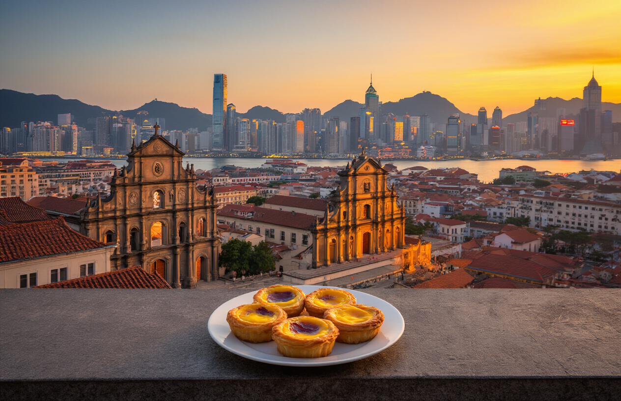 realistic image of a stunning panoramic view of Macau at golden hour, showcasing the iconic contrast between the historic Portuguese colonial architecture of the Ruins of St. Paul's in the foreground and the glittering modern casino resort skyline in the background, with warm amber and orange tones reflecting off the city's skyline, a plate of traditional Macanese egg tarts and Portuguese-influenced dishes subtly visible on a foreground ledge, evoking a sense of discovery and cultural richness, the scene bathed in soft warm twilight light that highlights both the old-world charm and modern vibrancy of the city, creating an inviting and awe-inspiring atmosphere that captures the essence of Macau as a multifaceted destination. Absolutely NO text should be in the scene.