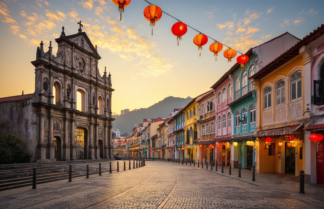 realistic image of a vibrant split-scene view of Macau showcasing its cultural diversity beyond gambling, featuring the iconic ruins of St. Paul's Cathedral with its intricate stone facade on one side and colorful Portuguese colonial buildings lining a charming cobblestone street on the other, with traditional Chinese lanterns hanging overhead, warm golden hour lighting casting a rich glow across the scene, creating an inviting and culturally rich atmosphere that highlights Macau's unique blend of Eastern and Western heritage, Absolutely NO text should be in the scene.