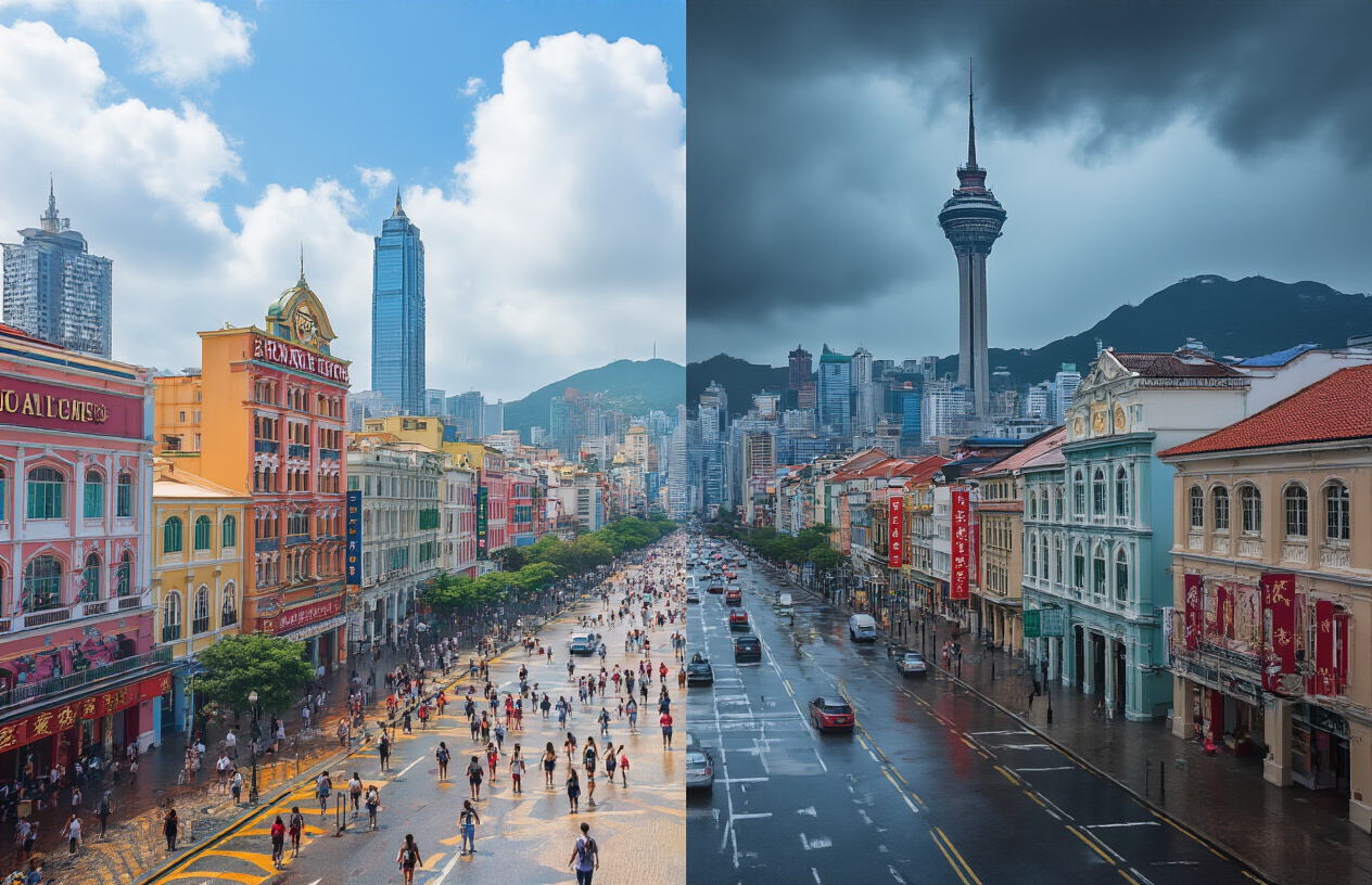 realistic image of a split-scene comparison of Macau's iconic skyline and streets, showing two contrasting weather and crowd conditions side by side — one side depicting a sunny, vibrant, and bustling Macau with clear blue skies, colorful casino resorts, and lively streets filled with tourists, and the other side showing a gray, rainy, and typhoon-affected Macau with dark storm clouds, wet empty streets, and closed attractions, with the Macau Tower or Grand Lisboa visible in the background of both scenes, creating a dramatic contrast that emphasizes how timing affects the travel experience, with moody and cinematic lighting to enhance the visual impact. Absolutely NO text should be in the scene.