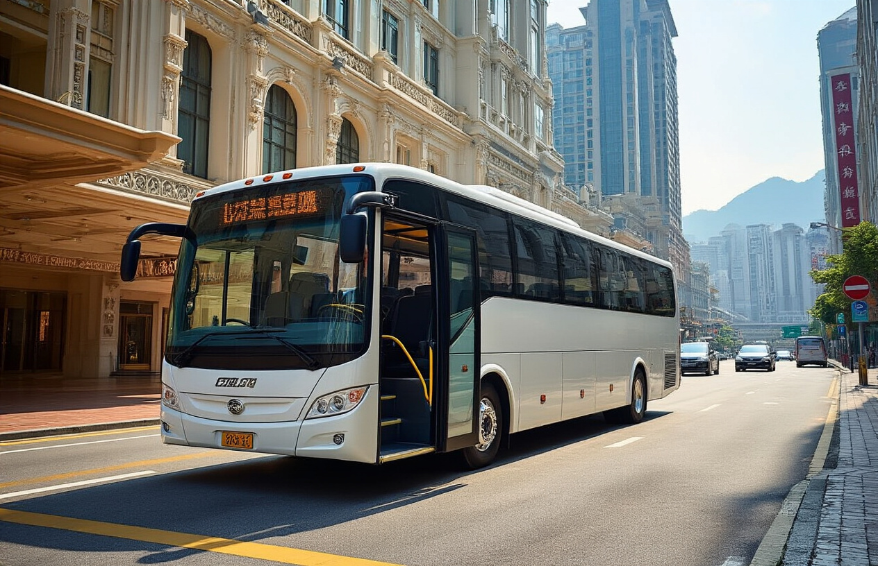 realistic image of a clean and modern free casino shuttle bus parked on a bright Macau street, with sleek hotel and casino buildings visible in the background, the bus featuring an open door in a welcoming manner, surrounded by a well-maintained urban streetscape with light traffic, captured in warm daylight that conveys ease and accessibility, giving off a relaxed and affordable travel vibe. Absolutely NO text should be in the scene.