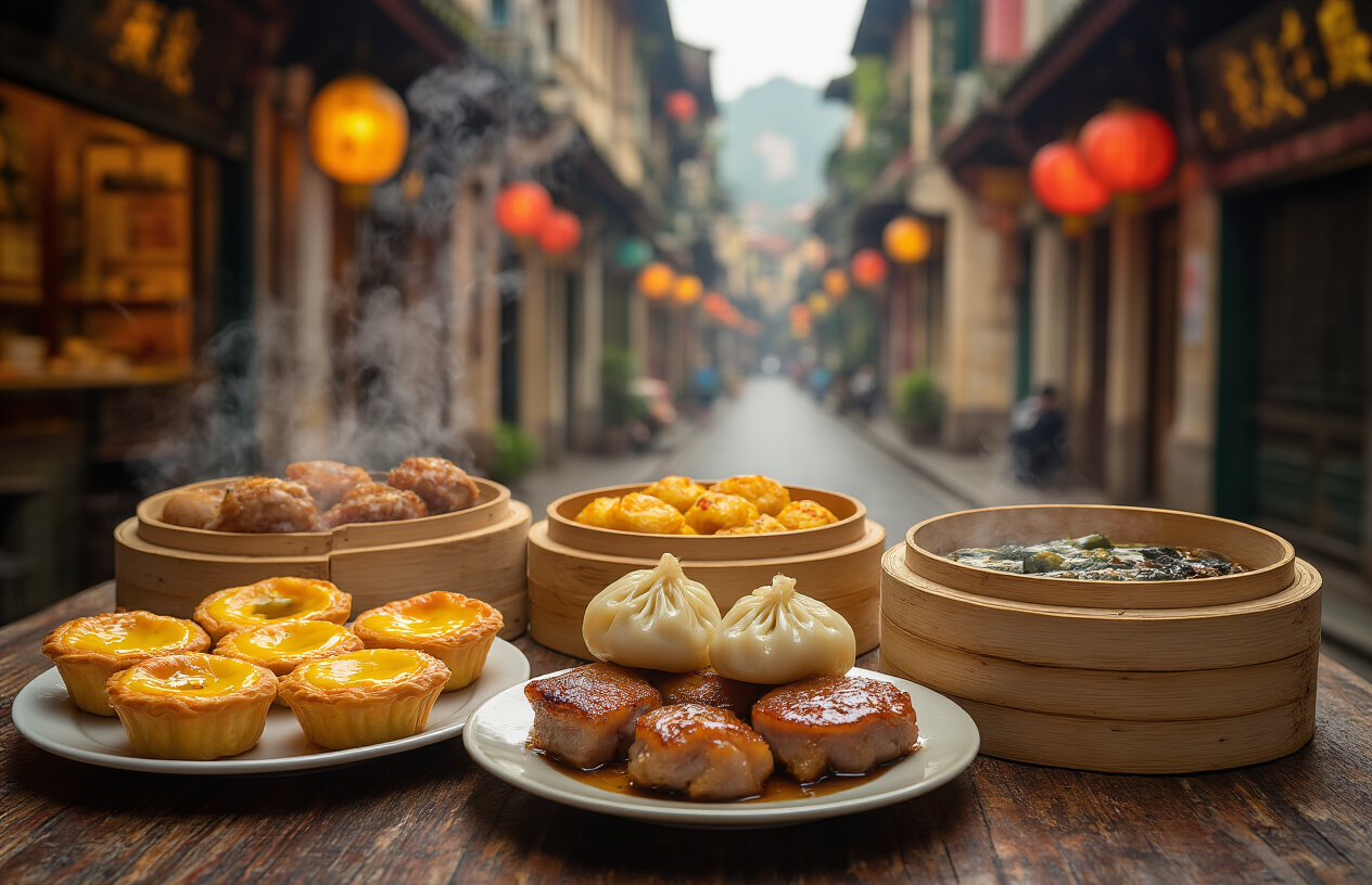 realistic image of a vibrant spread of iconic Macanese dishes displayed on a rustic wooden table, featuring Portuguese egg tarts, pork chop buns, and traditional dim sum alongside fusion dishes that blend Chinese and Portuguese flavors, with steam rising from hot dishes, warm golden lighting illuminating the colorful food spread, set against a blurred background of a charming, narrow Macau street with colonial-style architecture, evoking a sense of discovery and culinary richness. Absolutely NO text should be in the scene.