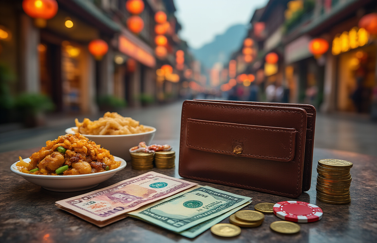 realistic image of a traveler's open wallet with a mix of Macanese Pataca banknotes and coins spread out on a table, alongside a local street food meal, a small souvenir, and a casino chip, suggesting smart budget allocation, set against a blurred background of Macau's vibrant streets with lanterns and colonial-style buildings, warm and inviting lighting that conveys a sense of value and savvy spending. Absolutely NO text should be in the scene.