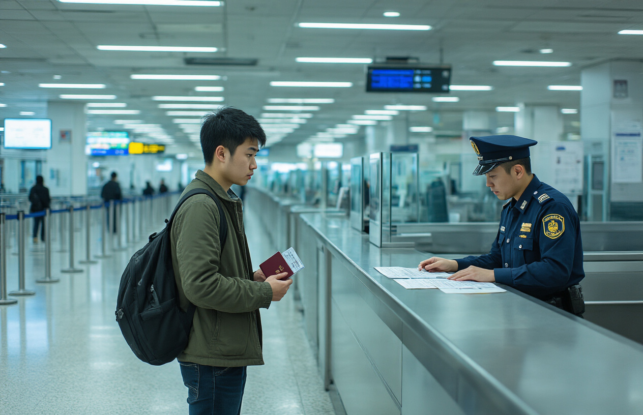 realistic image of a traveler standing at a Macau immigration checkpoint, looking slightly confused and caught off guard, with a passport and entry documents in hand, while a border control officer reviews the paperwork across a sleek counter, the background showing a modern, well-lit immigration hall with glass partitions and official booths, the mood conveying mild stress and uncertainty, with cool fluorescent lighting casting a formal atmosphere over the scene. Absolutely NO text should be in the scene.