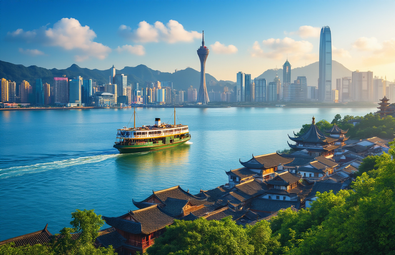 realistic image of a scenic ferry or boat crossing the calm blue waters between Macau and a nearby destination, with the striking skyline of Macau visible in the background featuring its iconic tower and modern buildings, while lush green hills and traditional Chinese architecture of a smaller island village are visible in the foreground, bathed in warm golden sunlight, evoking a sense of adventure and discovery of hidden, off-the-beaten-path experiences unique to the region. Absolutely NO text should be in the scene.