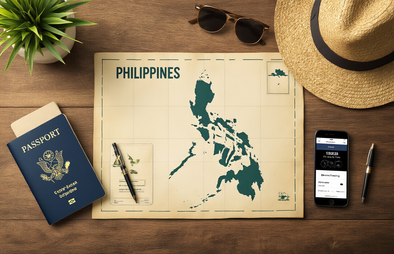 realistic image of a traveler's flat lay scene on a wooden table featuring a Philippines travel map, a passport, a smartphone showing a flight booking app, a small notebook with a pen, a camera, and tropical accessories like sunglasses and a straw hat, with soft warm natural lighting creating an inviting and adventurous mood, symbolizing a well-planned trip to the Philippines. Absolutely NO text should be in the scene.