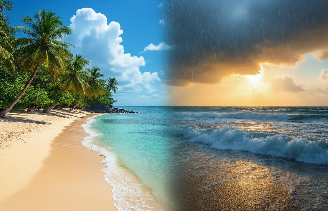 realistic image of a tropical Philippine beach scene split into two contrasting seasonal atmospheres, with one side showing a bright sunny day with calm turquoise waters, clear blue skies, and lush palm trees swaying gently, and the other side showing a stormy, overcast sky with rough waves and heavy rain, illustrating the difference between dry and wet seasons, the scene should evoke a sense of travel planning and natural beauty, with warm golden lighting on the sunny side and dramatic cool tones on the stormy side. Absolutely NO text should be in the scene.