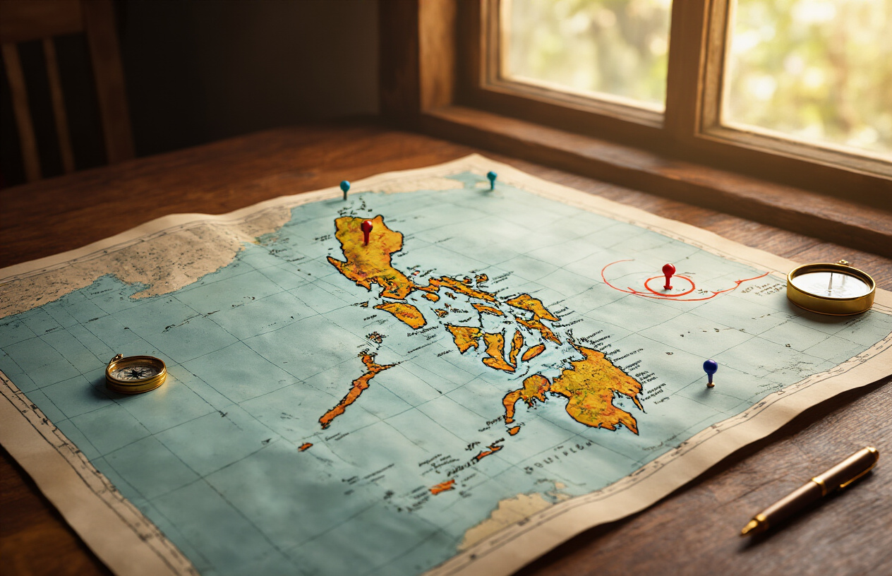realistic image of a detailed map of the Philippines archipelago spread open on a wooden table, with several islands circled or marked with pins in different colors, a small compass and a pen placed beside the map, warm natural lighting illuminating the scene from a nearby window, evoking a sense of travel planning and adventure, Absolutely NO text should be in the scene.