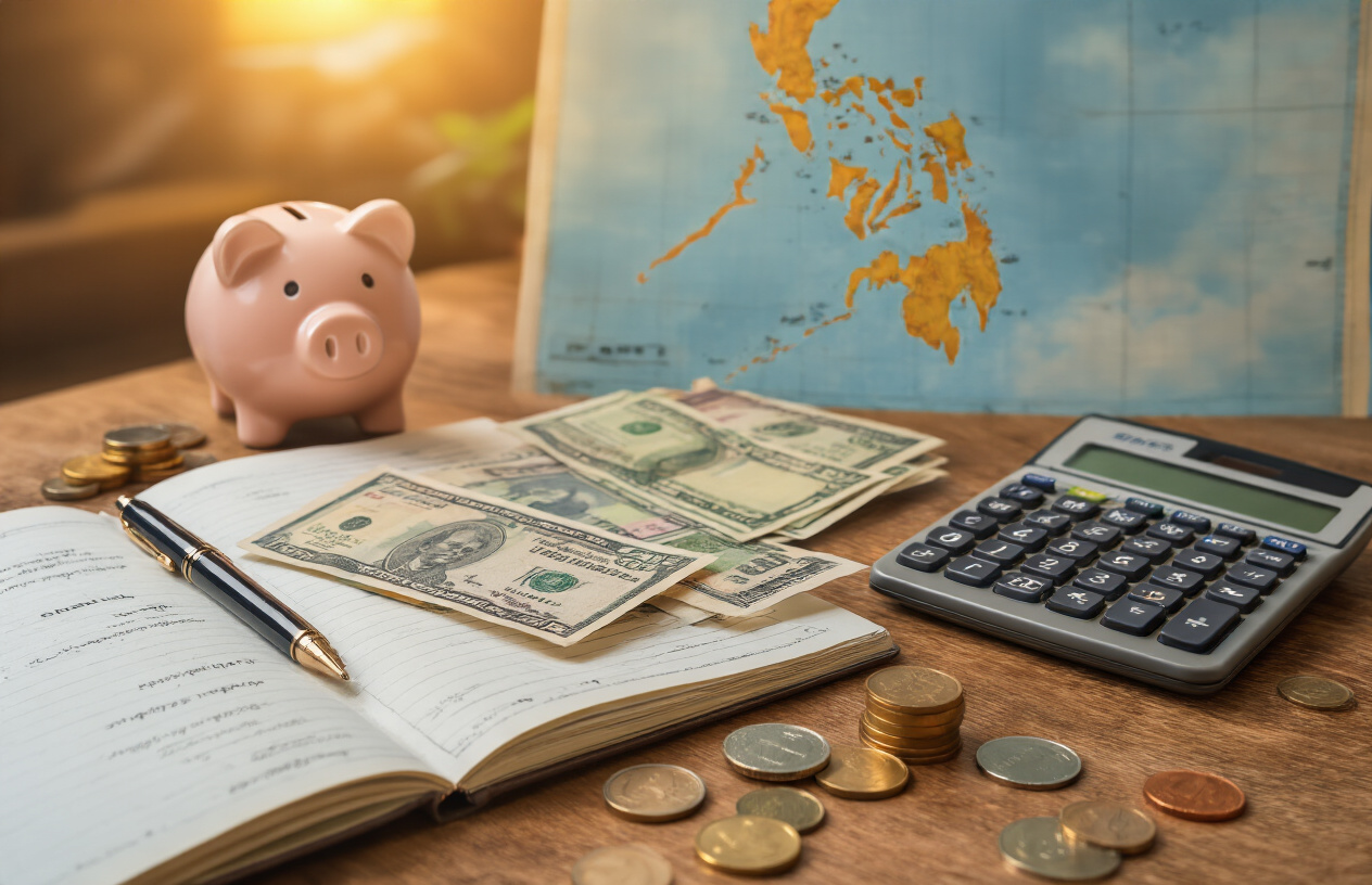 realistic image of a travel budget planning scene featuring a wooden desk with a open notebook, scattered Philippine peso banknotes and coins, a calculator, and a small piggy bank, with a blurred map of the Philippines in the background, warm and organized lighting creating a focused and practical mood, Absolutely NO text should be in the scene.