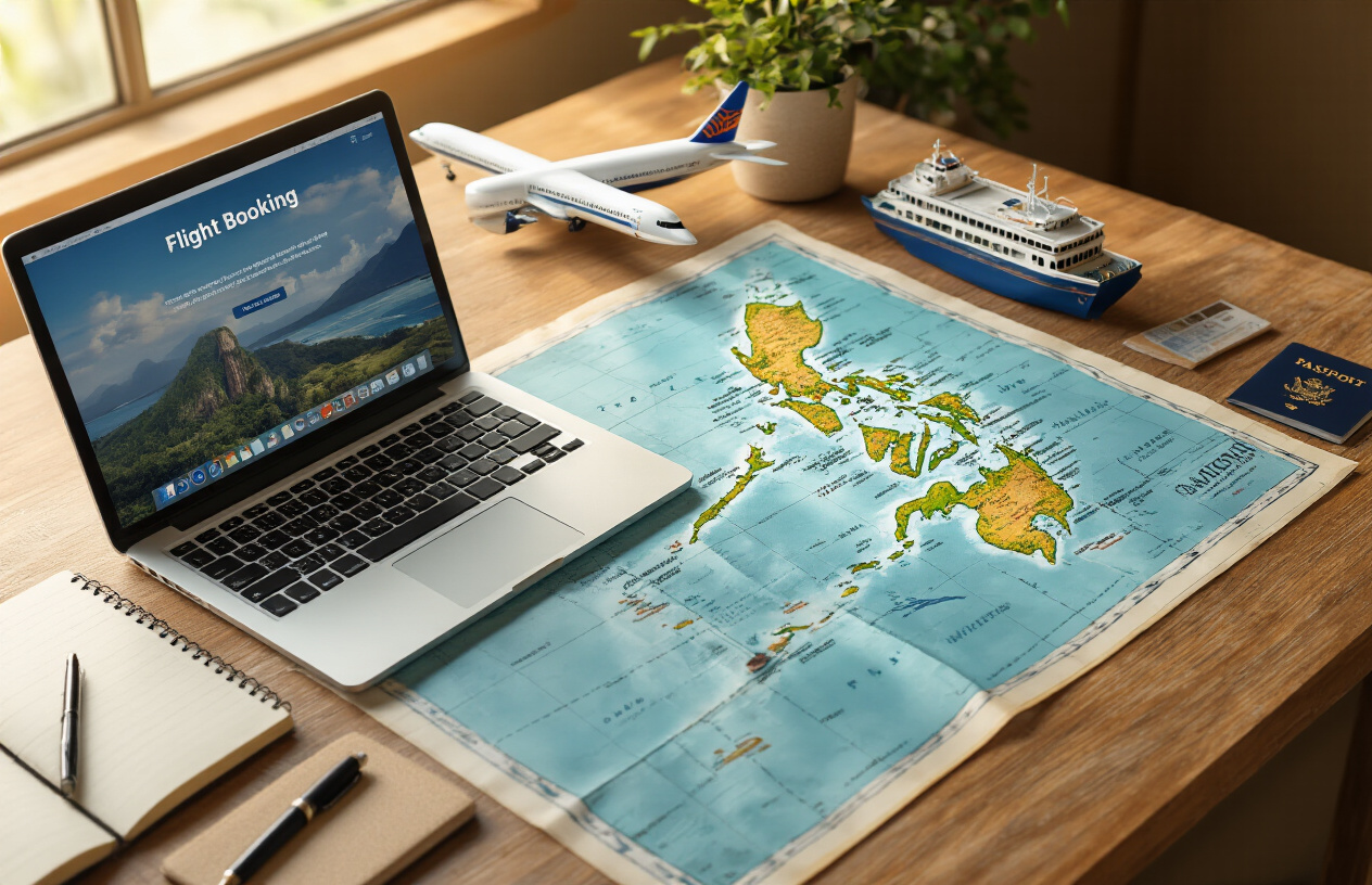 realistic image of a travel planning scene featuring an open laptop displaying a flight booking website alongside a detailed map of the Philippine archipelago spread out on a wooden desk, with a notebook, pen, and passport nearby, warm natural light illuminating the scene, conveying an organized and adventurous travel planning mood, with a small model airplane and ferry ticket subtly placed beside the map to represent inter-island travel options. Absolutely NO text should be in the scene.