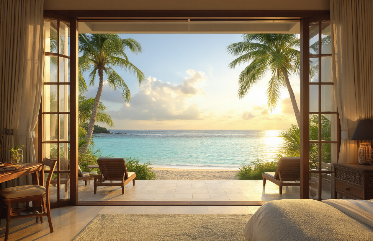 realistic image of a cozy beachfront resort in the Philippines with a stunning ocean view, featuring a well-decorated hotel room visible through open glass doors leading to a private balcony overlooking turquoise waters and tropical palm trees, with warm golden sunlight illuminating the scene, creating an inviting and relaxing tropical vacation atmosphere. Absolutely NO text should be in the scene.