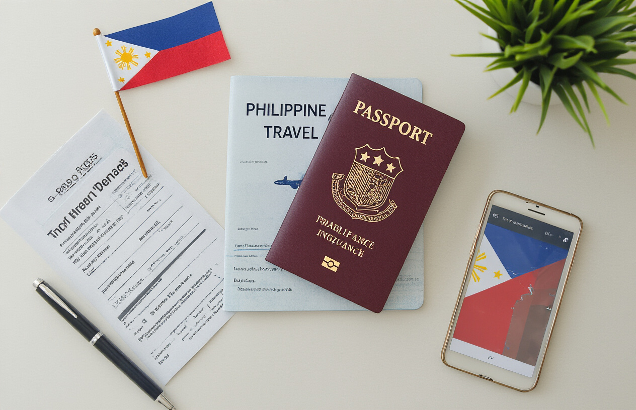 realistic image of a neatly organized flat lay on a clean white desk featuring a Philippine travel essentials arrangement including a passport, flight tickets, a travel insurance document, and a visa application form, accompanied by a pen, a small Philippine flag, and a smartphone displaying a map, with soft natural lighting creating a bright and organized atmosphere, conveying a sense of careful trip preparation. Absolutely NO text should be in the scene.