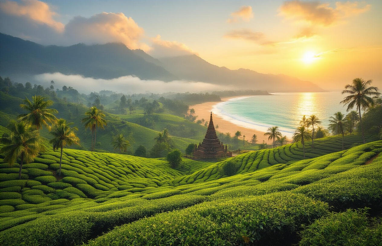 realistic image of a breathtaking panoramic view of Sri Lanka's iconic landscape featuring a lush green tea plantation in the hill country with misty mountains in the background, a golden sandy beach with turquoise water visible in the distance, and an ancient Buddhist stupa partially visible among tropical palm trees, bathed in warm golden hour sunlight that creates a sense of wonder and adventure, evoking the feeling of a perfect journey's end with rich colors and a peaceful, inspiring mood. Absolutely NO text should be in the scene.