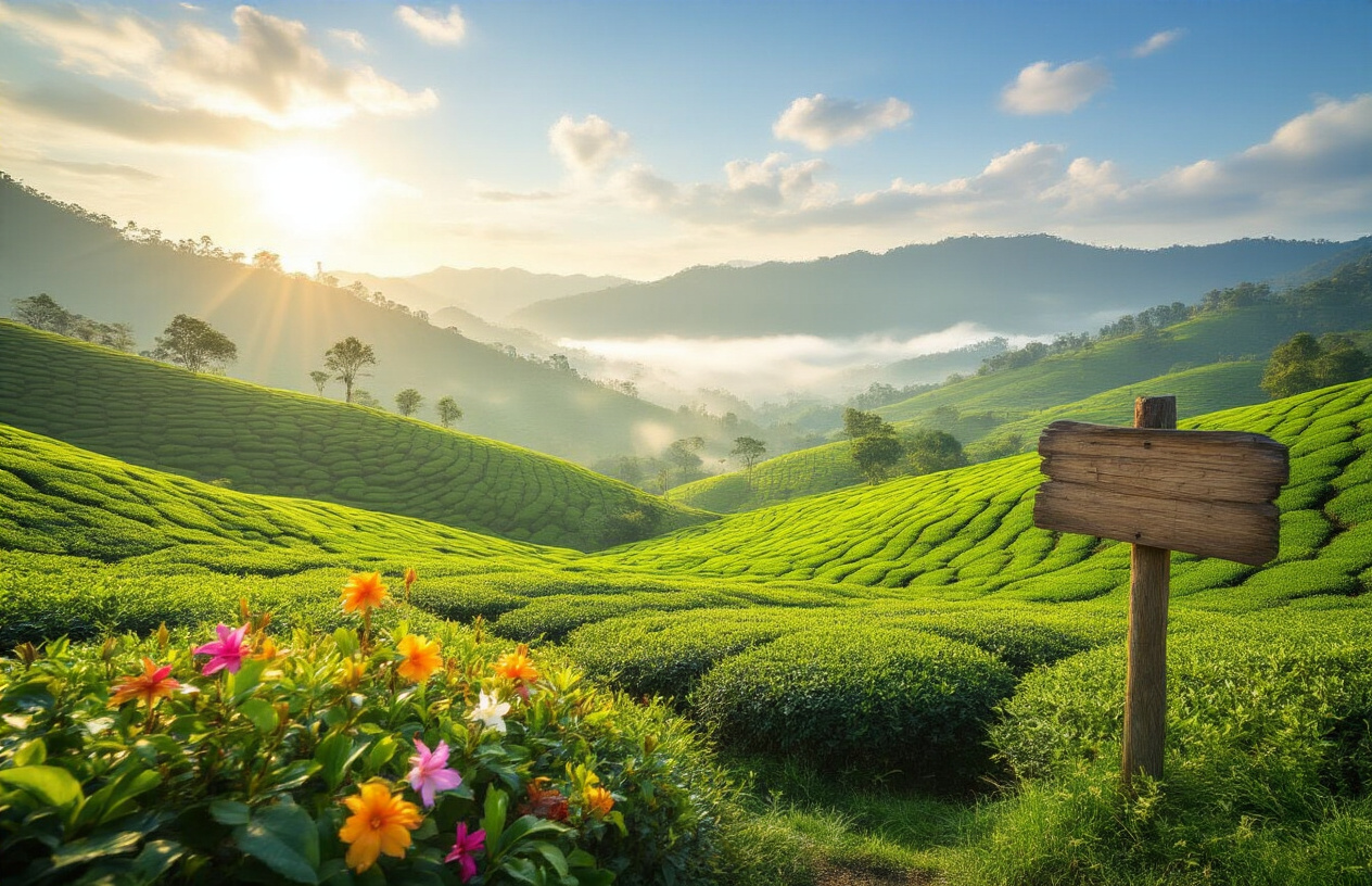 realistic image of a stunning Sri Lankan landscape showcasing a lush green tea plantation in the central highlands under a bright blue sky with soft golden sunlight, with a small traditional wooden signpost-style visual element replaced by a scenic calendar-free composition, featuring vibrant tropical flowers in the foreground, mist gently rolling over the hills in the background, and a warm inviting atmosphere that evokes the feeling of perfect travel weather, with the scene bathed in warm, soft natural light suggesting the ideal time of year to visit. Absolutely NO text should be in the scene.