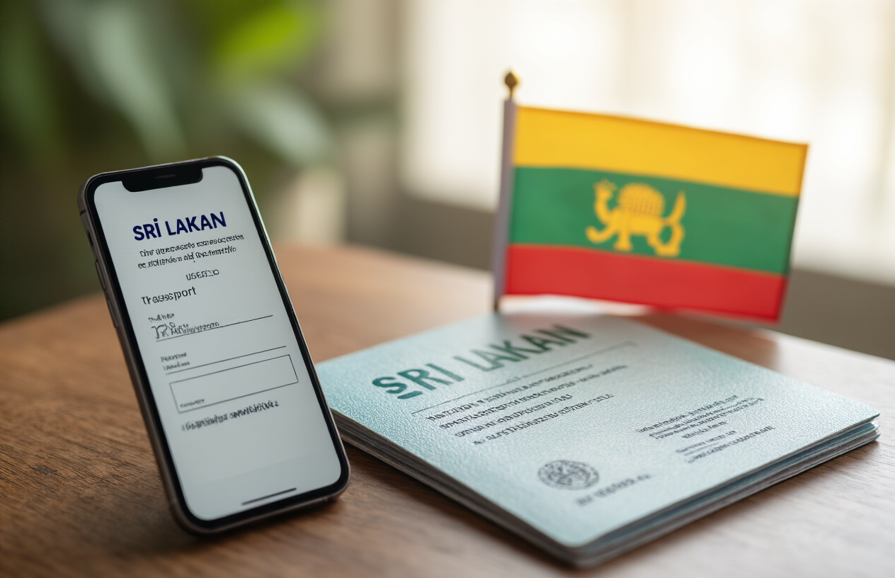 realistic image of a close-up view of a Sri Lankan tourist visa document and a passport placed on a wooden desk, alongside a smartphone displaying a visa application form, with a small Sri Lankan flag in the background, soft natural lighting creating a clean and organized atmosphere, conveying preparation and travel readiness. Absolutely NO text should be in the scene.