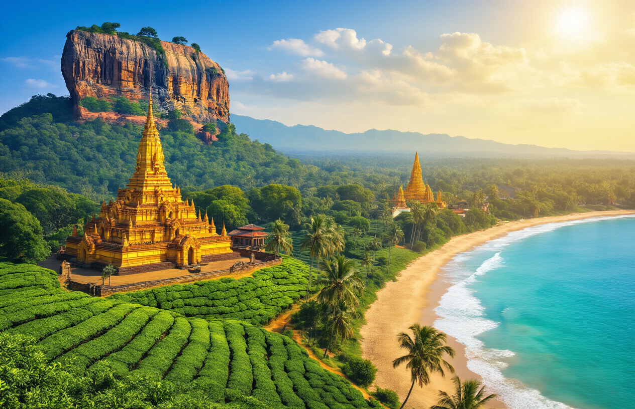 realistic image of a stunning collage-style composition showcasing iconic Sri Lanka destinations, featuring the ancient Sigiriya rock fortress rising dramatically against a blue sky, a golden Buddhist temple with intricate architecture, lush green tea plantations cascading over rolling hills, and a pristine tropical beach with turquoise waters and swaying palm trees, bathed in warm golden sunlight with a vibrant and inviting mood. Absolutely NO text should be in the scene.