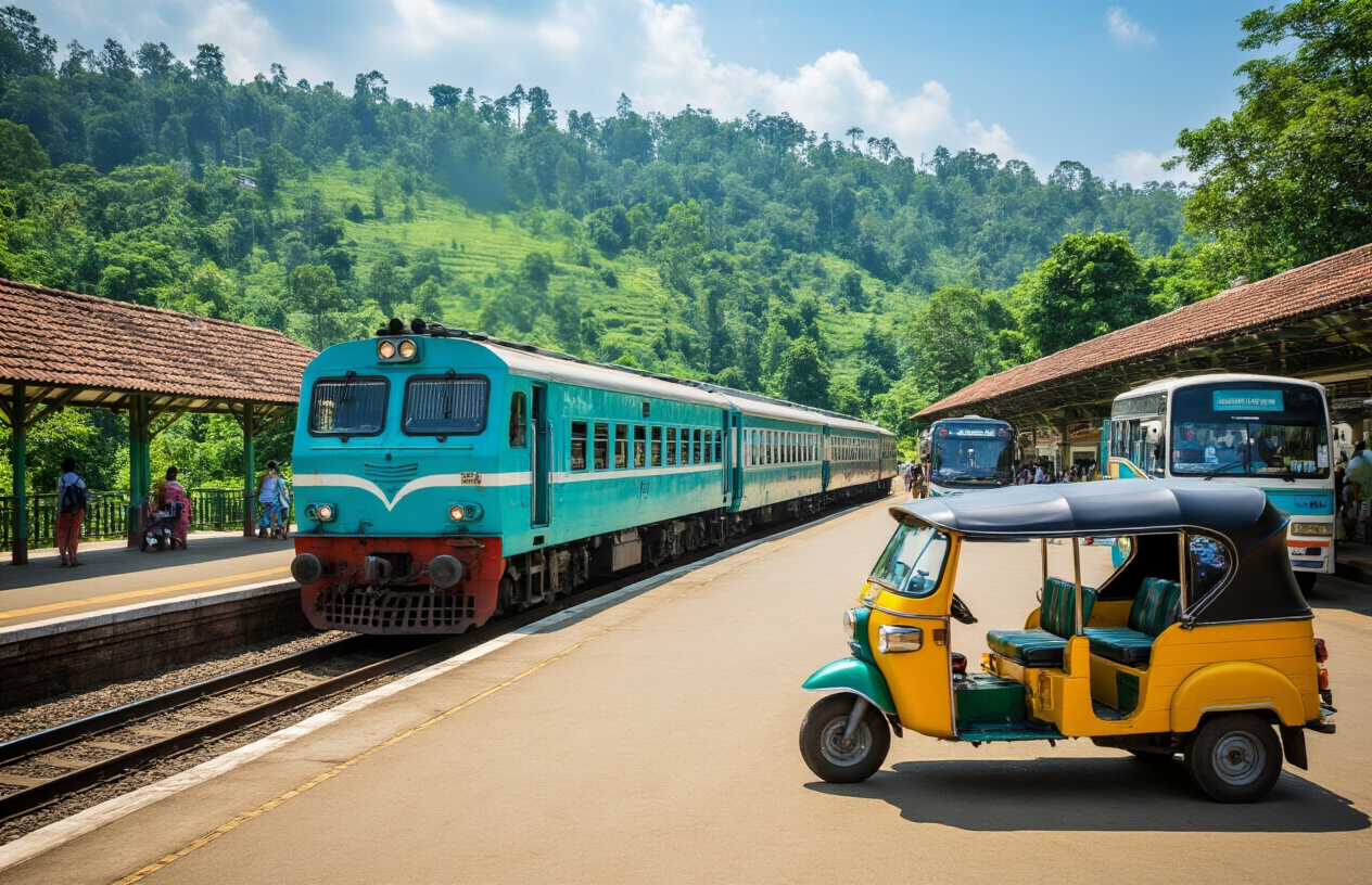 realistic image of a busy Sri Lankan transportation hub featuring a vibrant turquoise-colored local train pulling into a lush green hillside station, with a classic yellow tuk-tuk parked in the foreground and a public bus visible in the background, capturing the variety of travel options available in Sri Lanka, bathed in warm tropical sunlight with a sense of adventure and movement, Absolutely NO text should be in the scene.