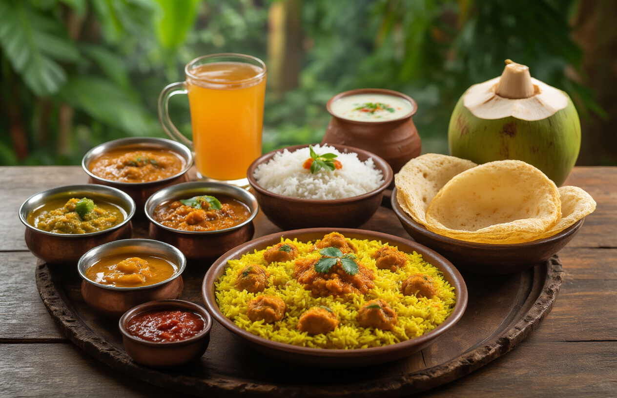realistic image of a vibrant spread of traditional Sri Lankan food and drinks arranged on a rustic wooden table, featuring a colorful rice and curry dish with multiple small bowls of chutneys and sambols, a bowl of creamy dhal, golden crispy hoppers, a cup of Ceylon tea, and a fresh king coconut drink, styled in warm, inviting lighting with a lush tropical background hinting at Sri Lanka's greenery, capturing an appetizing and culturally rich mood. Absolutely NO text should be in the scene.