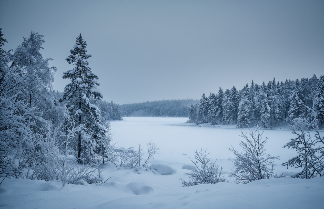 realistic image of a vast snowy Finnish landscape featuring snow-covered pine forests and a frozen lake under a pale gray overcast winter sky, with soft diffused cold light casting a bluish hue over the scene, capturing the serene yet harsh and frigid atmosphere of a typical Finnish winter, with temperatures visibly suggested by frost on tree branches and thick blankets of untouched snow on the ground, evoking a sense of deep cold and isolation that sets the tone for extreme winter conditions. Absolutely NO text should be in the scene.