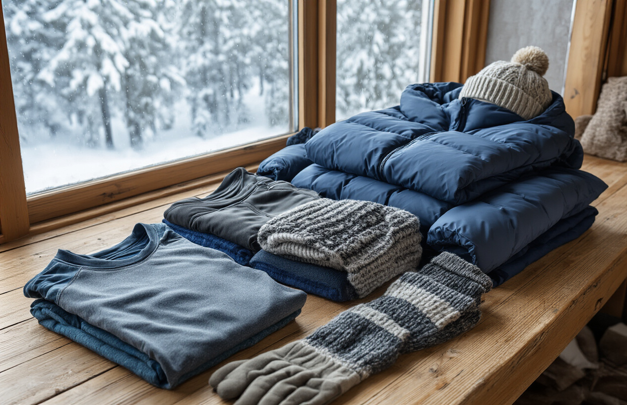 realistic image of a flat lay arrangement on a wooden surface showing multiple layers of winter clothing neatly organized from thin to thick, including a moisture-wicking base layer, a mid-layer fleece, and a heavy insulated outer jacket, accompanied by thermal pants, wool socks, a knit beanie, and insulated gloves, with a snowy Finnish forest scene subtly visible through a frosted window in the background, soft natural light illuminating the clothing arrangement, conveying a sense of practical preparation for extreme arctic cold. Absolutely NO text should be in the scene.