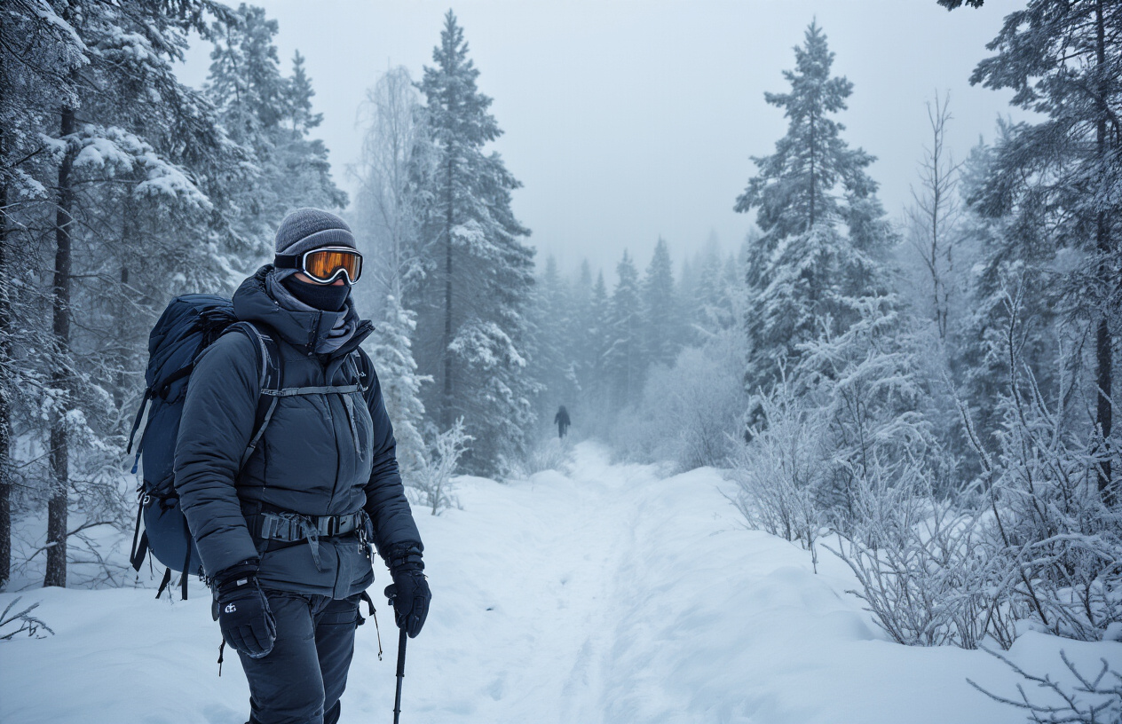 realistic image of a white female hiker dressed in full winter survival gear — including a thick insulated jacket, thermal layers, balaclava, goggles, and waterproof gloves — carefully navigating a snow-covered forest trail in Finland, surrounded by frost-covered pine trees under a cold, overcast grey sky, with deep snow on the ground and low misty light filtering through the trees, conveying a sense of caution, preparedness, and resilience in extreme freezing conditions. Absolutely NO text should be in the scene.