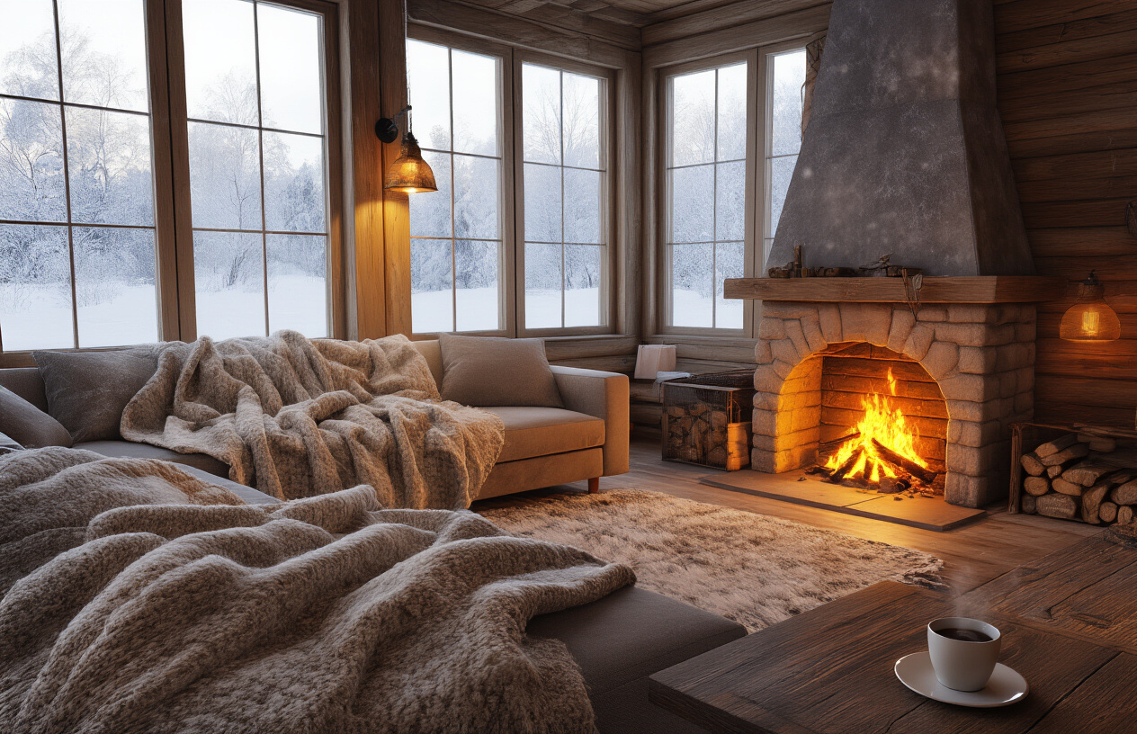 realistic image of a cozy and warm Finnish cabin or lodge interior during winter, featuring a comfortable living space with thick wool blankets draped over a sofa, a glowing fireplace crackling with orange flames, and large frost-edged windows revealing a snowy winter landscape outside, warm ambient lighting from hanging lamps casting a golden glow across wooden walls and floors, a cup of hot drink resting on a wooden table nearby, conveying a sense of warmth, comfort, and shelter from the harsh cold outside. Absolutely NO text should be in the scene.