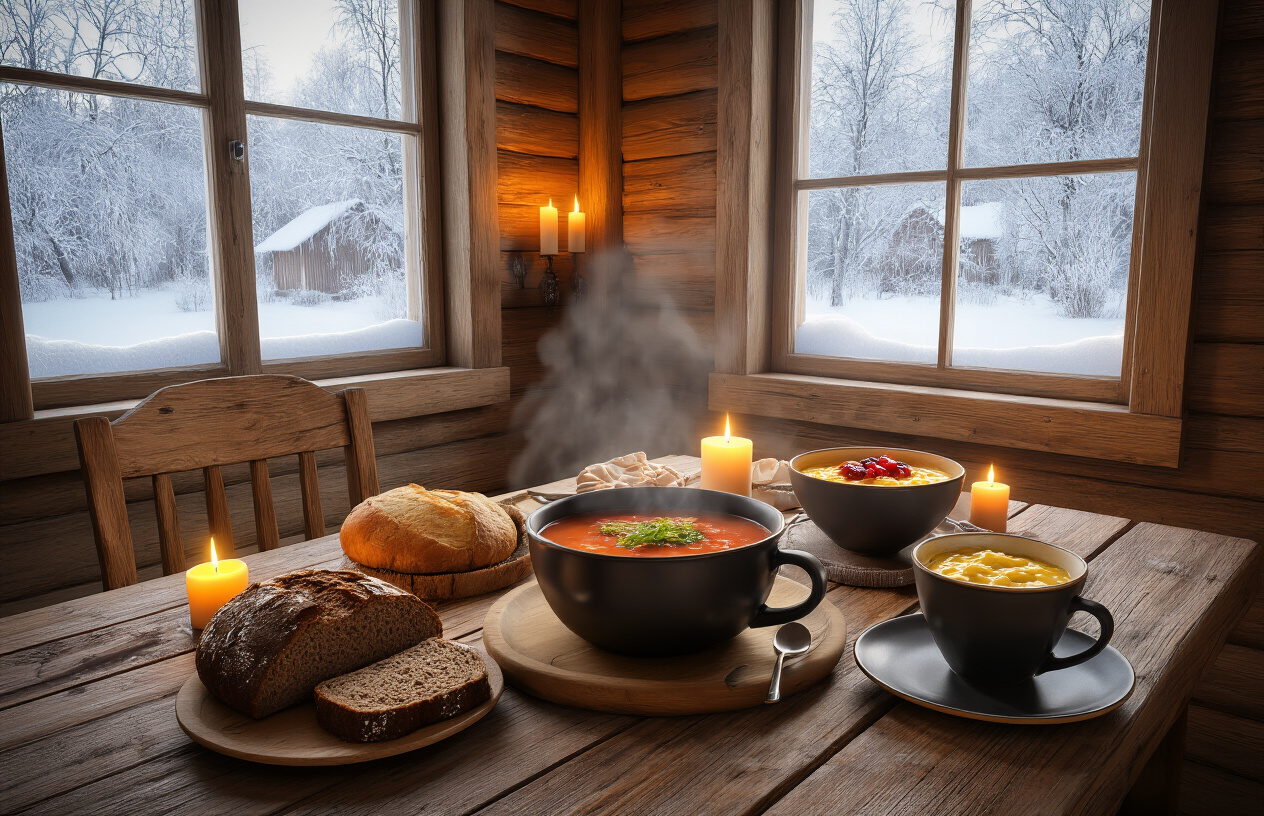 realistic image of a cozy wooden Finnish cabin interior with a rustic dining table featuring warm, hearty winter foods including a steaming bowl of thick soup, dark rye bread, warm porridge, and a hot cup of berry juice or tea, surrounded by soft candlelight and warm golden light, with a frost-covered window in the background hinting at the cold Finnish winter outside, creating a warm and inviting atmosphere that contrasts with the freezing temperatures outdoors. Absolutely NO text should be in the scene.