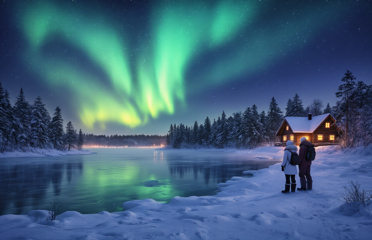 realistic image of a breathtaking Finnish winter landscape featuring the northern lights (aurora borealis) shimmering in vibrant green and purple hues across a dark night sky, with a frozen lake in the foreground reflecting the colorful lights, snow-covered pine trees framing the scene, a traditional Finnish log cabin with warm glowing windows in the background, and a white male and white female bundled in heavy winter gear standing on the snowy lakeshore, gazing up at the aurora in awe, the scene exuding a magical, serene, and adventurous winter atmosphere with crisp, cold lighting and deep blue shadows on the snow. Absolutely NO text should be in the scene.