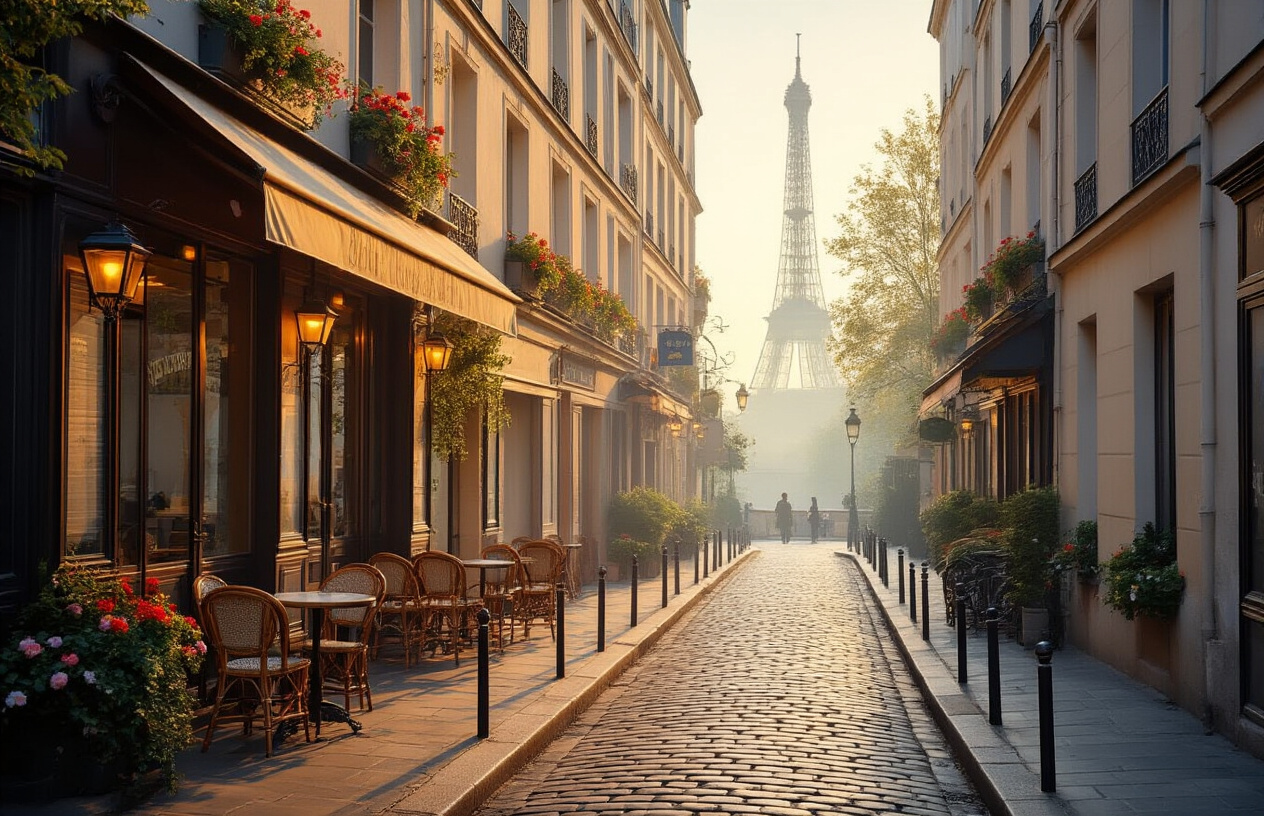realistic image of a peaceful, uncrowded Parisian street scene during the soft golden light of early morning, featuring a charming cobblestone lane with classic Haussmann-style buildings, a quaint cafƩ with empty outdoor chairs and tables, blooming flower boxes on windowsills, and a distant view of the Eiffel Tower subtly visible through the misty morning air, evoking a sense of serene discovery and authentic travel, with warm golden and soft blue tones creating an inviting and tranquil atmosphere. Absolutely NO text should be in the scene.