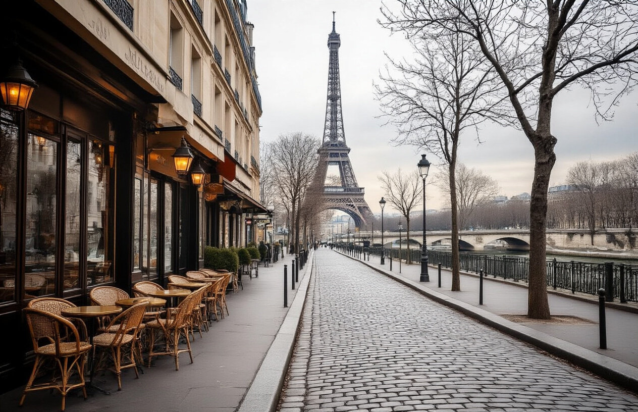 realistic image of a peaceful, uncrowded Paris street in early spring or late autumn, featuring the Eiffel Tower visible in the soft background under a calm, overcast sky with gentle natural light, with almost empty cobblestone sidewalks lined with bare or lightly blooming trees, a quiet cafƩ terrace with only a couple of empty chairs outside, evoking a serene and tranquil atmosphere that contrasts with typical busy tourist seasons, warm muted tones suggesting an off-peak travel season. Absolutely NO text should be in the scene.